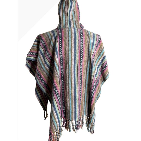 Earthbound Trading Cotton O/S Colorful Cotton Baja Poncho Hoodie Fringe Read - Picture 2 of 9